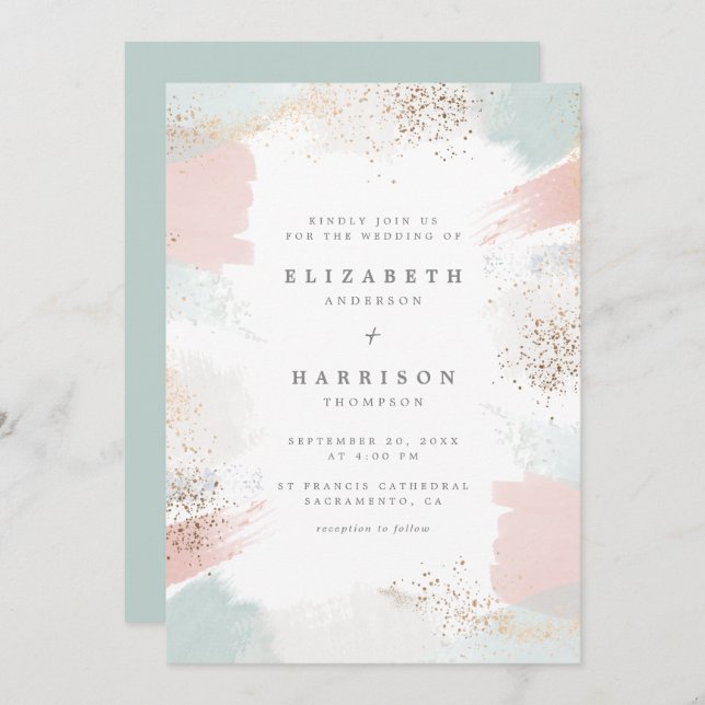 Invitation Mariage Chic Gold Dust & Painterly Brush (Devant / Derrière)