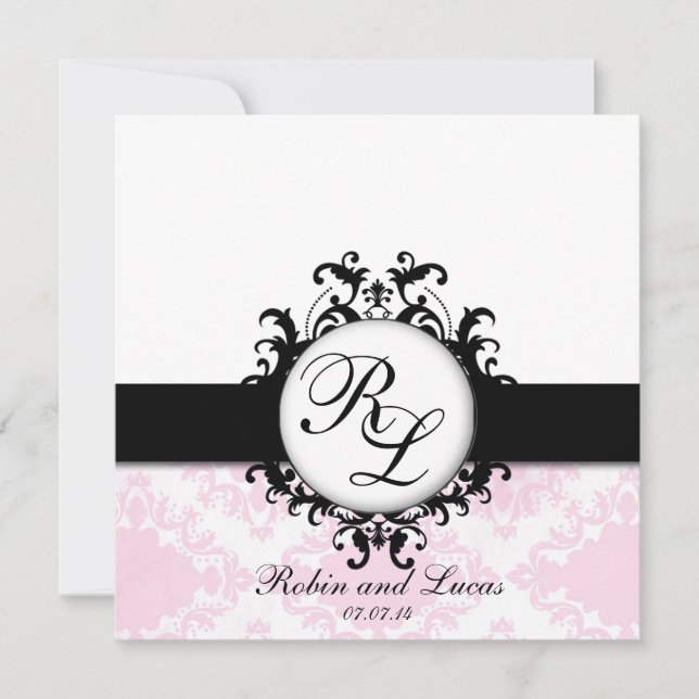 Invitation Mariage Chic Monograms Inviter Blanc Rose Damask (Devant)