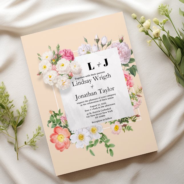 Invitation Mariage chic pays ivoire rose blanc cadre fleur (Country chic ivory pink white flower frame Wedding )