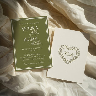 Invitation Mariage Chic Vintage Argent Olive Ancien
