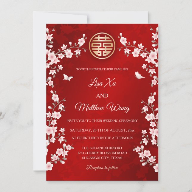 Invitation Mariage chinois en fleurs de cerisier rose poussié (Devant)