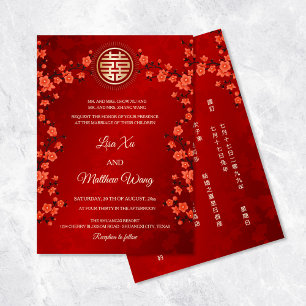 Invitation MARIAGE Chinois Fleur de Cerisier Rouge BILINGUE