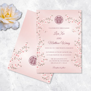 Invitation Mariage Chinois Fleur de Pêcher Rose Poussiéreux