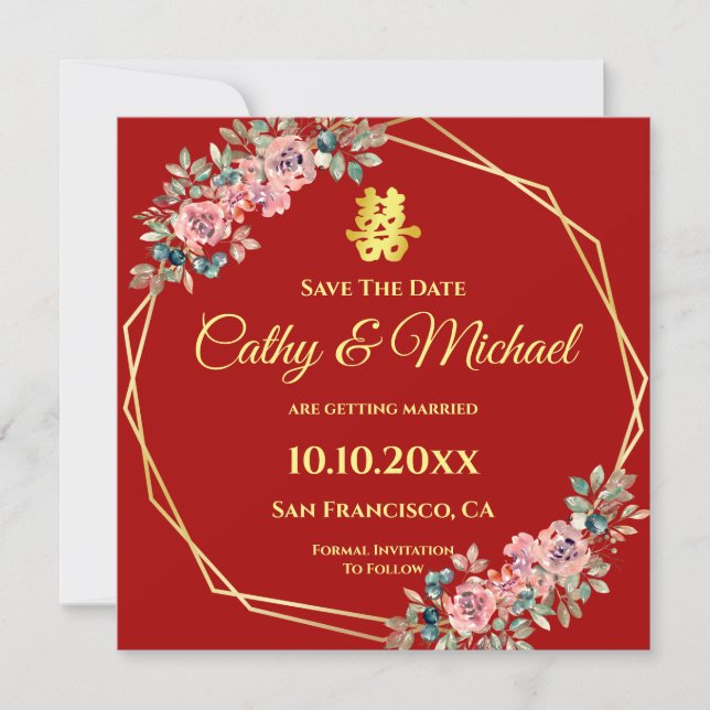 Invitation Mariage chinois géométrique rouge floral enregistr (Devant)