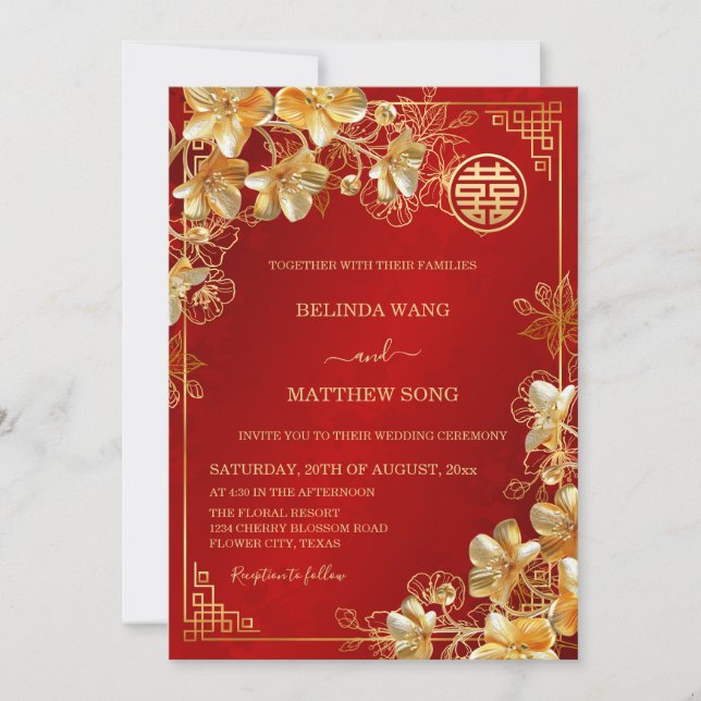 Invitation Mariage chinois Gold 3 D Flowers (Devant)