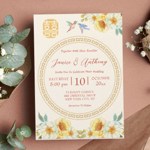Invitation Mariage chinois jaune floral oiseau élégant