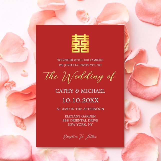 Invitation Mariage chinois moderne en or rouge simple (Créateur téléchargé)