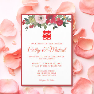 Invitation Mariage chinois moderne floral aquarelle rose roug