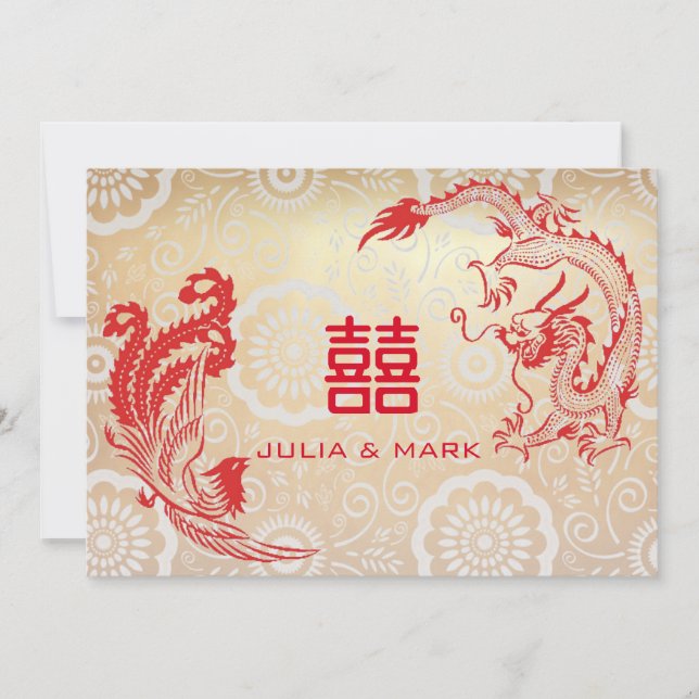 Invitation Mariage chinois moderne Red Gold Dragon-Phoenix (Devant)