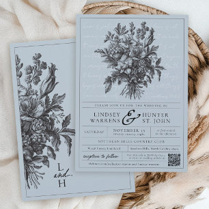 Invitation Mariage Chrétien de Jardin Floral Vintage Bleu Pou