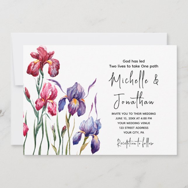 Invitation Mariage chrétien du Jardin d'Iris bleu violet rose (Devant)