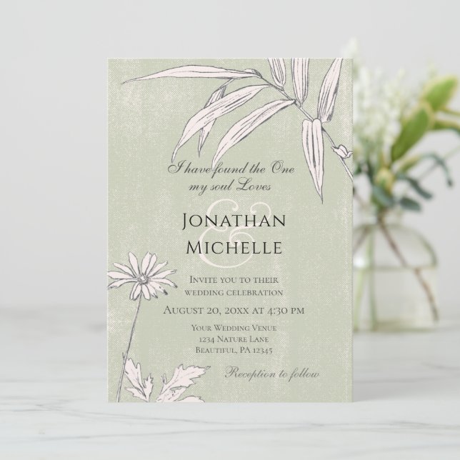Invitation Mariage chrétien végétal rose vert (Debout devant)