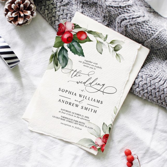 Invitation Mariage Christmas Greenery & Red Berries (Christmas Wedding Invitation)