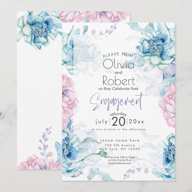 Invitation Mariage | Ciel Bleu et Bubblegum Pink Peonies (Devant / Derrière)