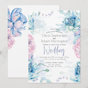 Invitation Mariage   Ciel Bleu et Bubblegum Pink Peonies