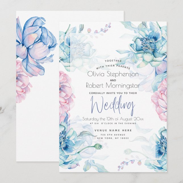 Invitation Mariage | Ciel Bleu et Bubblegum Pink Peonies (Devant / Derrière)