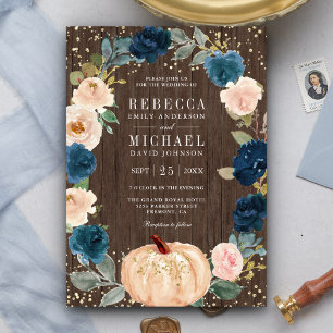 Invitation Mariage Citrouille Floral Bois Rustique Bleu Marin