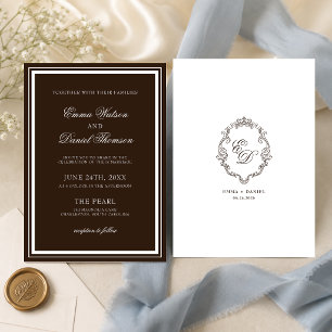 Invitation Mariage classique à crête monogramme marron chocol