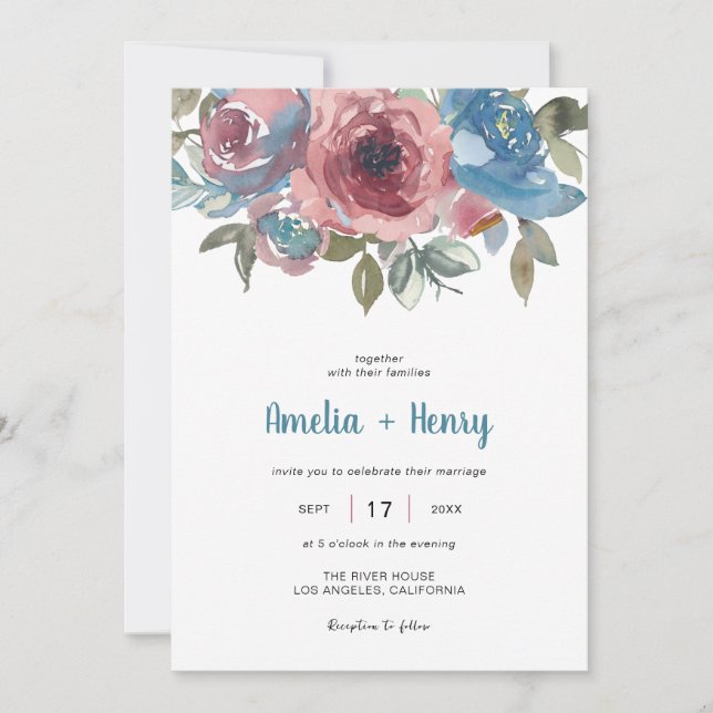 Invitation Mariage classique bleu et rose floral élégant (Devant)