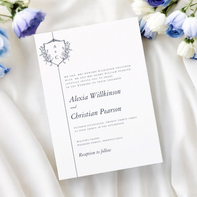 Invitation mariage classique classique de la marine (traditional text elegant wedding invitation with modern crest )