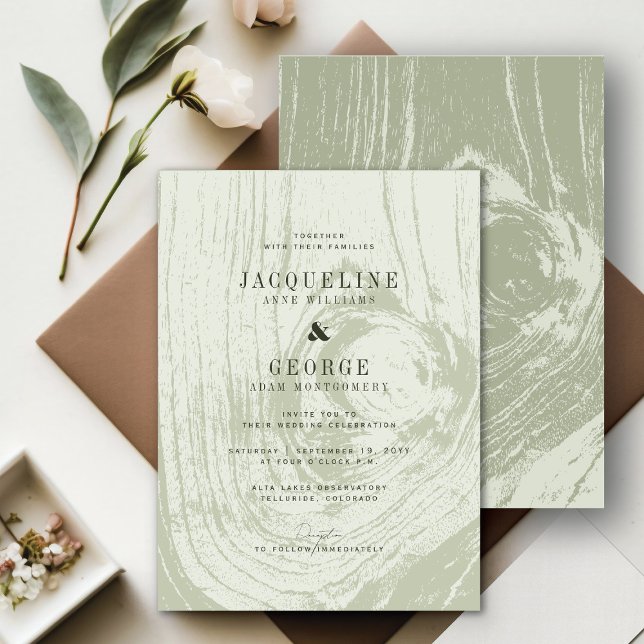 Invitation Mariage classique de printemps rustique moderne en (Classic Modern Rustic Moss Green Woodgrain Chic Spring Wedding Invitation @ fatfatin_blue_knot)