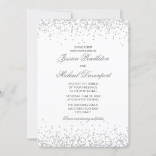 Invitation Mariage Classique Élégant Blanc Paillettes Argenté