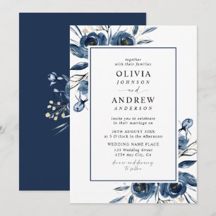 Invitation Mariage Classique Élégant Bleu Nuit Aquarelle