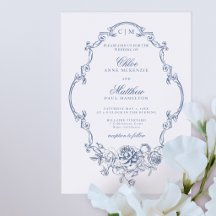 Mariage Classique Élégant Cadre Floral Bleu Poussi