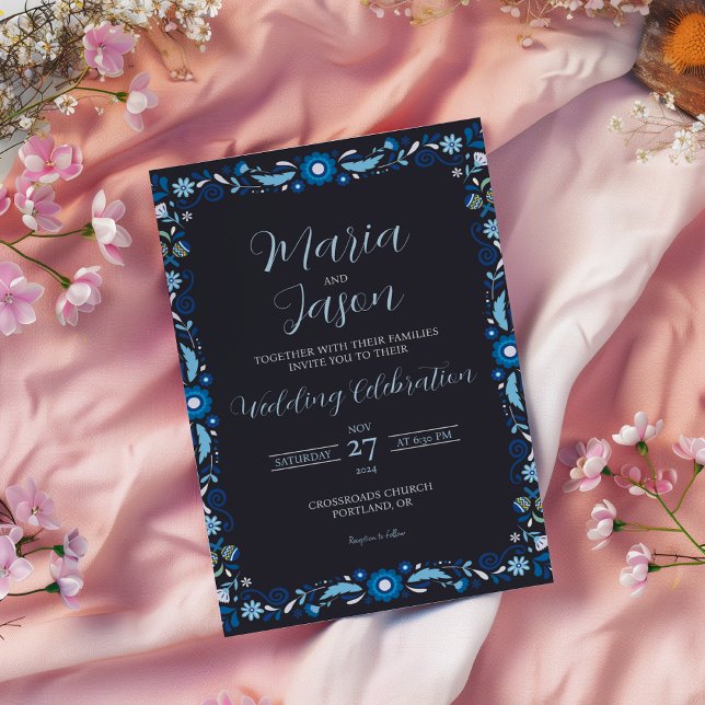 Invitation Mariage classique élégant Floral bleu marine mexic (Mexican Navy Blue Floral Elegant Classic Wedding Invitation)