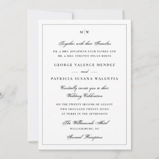 Invitation Mariage Classique Élégant Monogramme Blanc