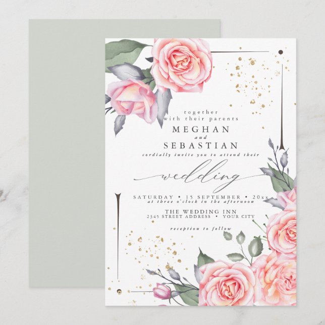Invitation Mariage classique Elégante aquarelle rose Roses (Devant / Derrière)