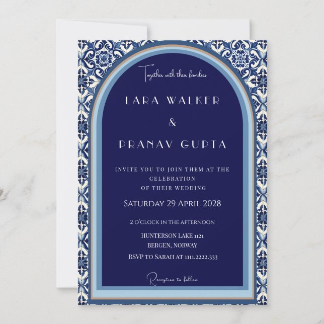 Invitation Mariage classique en carrelage espagnol bleu (Devant)