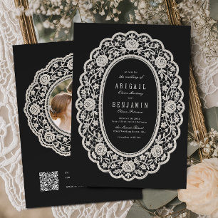 Invitation Mariage Classique en Dentelle Florale Noire Vintag