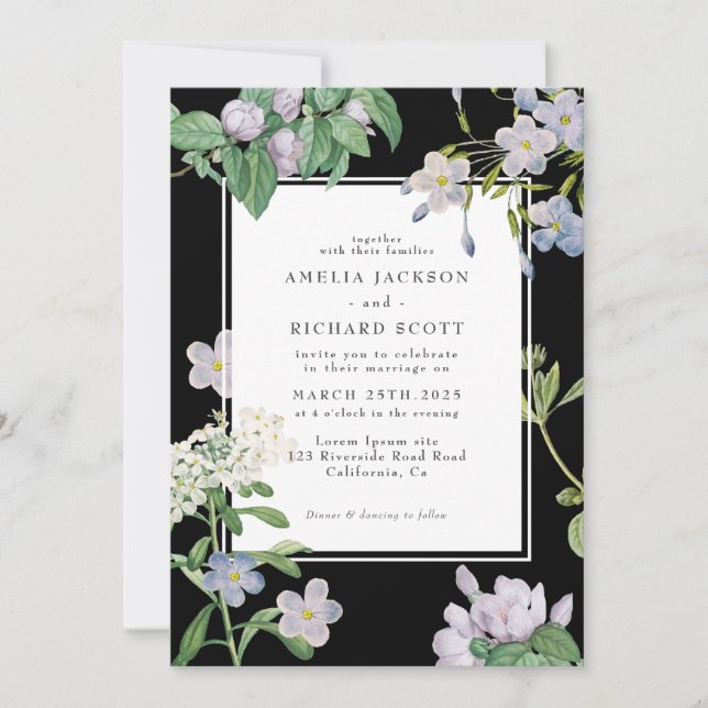 Invitation Mariage classique floral noir et blanc (Devant)