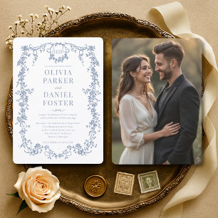 Invitation Mariage Classique Floral Victorien Français Bleu P