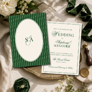 Invitation Mariage Classique Monogramme Argent Vert Émeraude