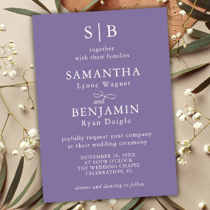 Invitation Mariage Classique Monogramme Initiales Lavande