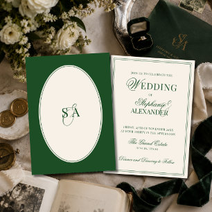 Invitation Mariage Classique Monogramme Vert Émeraude Argent