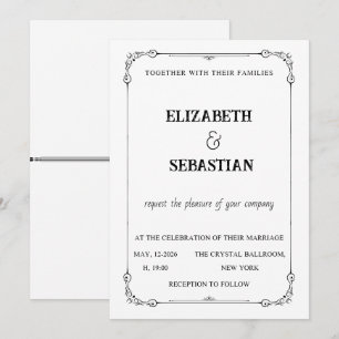 Invitation Mariage Classique Noir et Blanc Orné Vintage