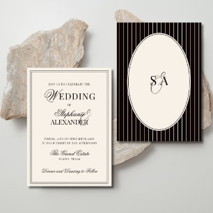 Invitation Mariage Classique Ovale Noir Ivoire Rayé Vieille F