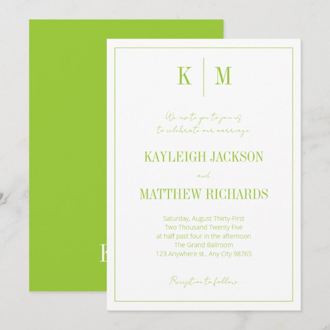 Invitation Mariage Classique Rétro Citron Vert Monogramme (Devant / Derrière)