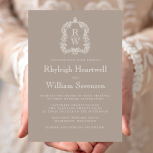 Invitation Mariage Classique Taupe au Blason Monogramme