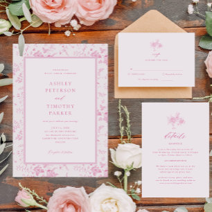 Invitation Mariage Classique Toile de Jouy Rose Victorien 