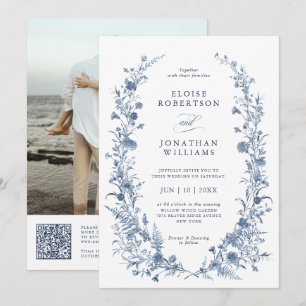 Invitation Mariage classique victorien bleu avec QR code fran