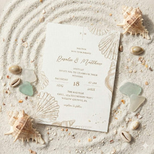 Invitation Mariage Coastal Élégant Coquilles en Or Blanc
