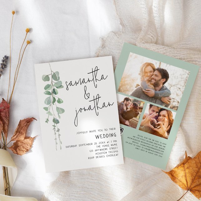 Invitation Mariage code QR 3 photos Eucalyptus Moderne (front and back view)
