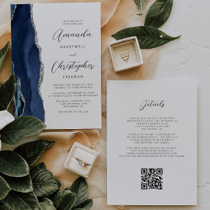 Invitation Mariage Code QR Agate Argent Bleu Marine