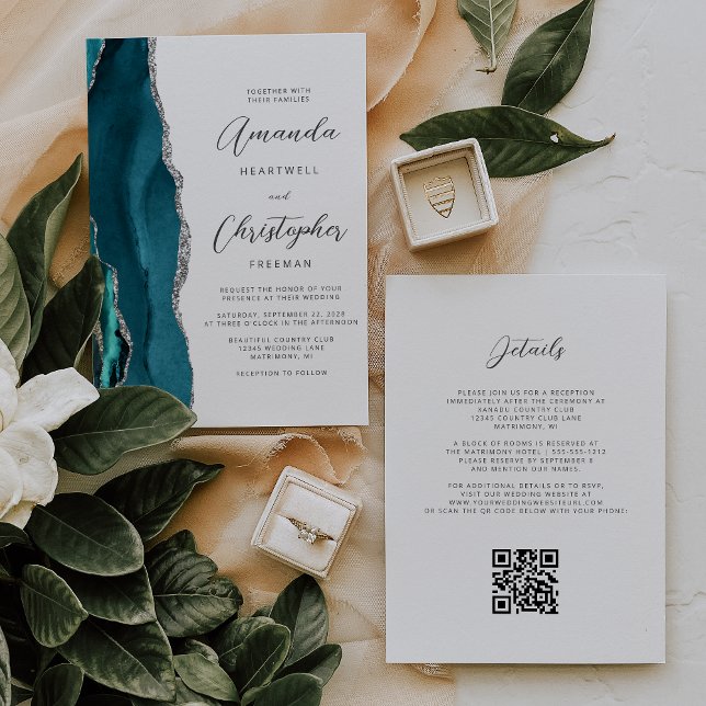 Invitation Mariage Code QR Agate Argent Bleu Sarcelle (Créateur téléchargé)