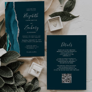Invitation Mariage Code QR Agate Argent Bleu Sarcelle Moderne