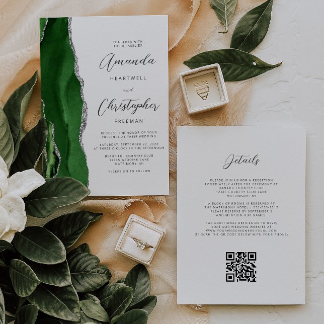 Invitation Mariage Code QR Agate Argent Vert Chasseur (Créateur téléchargé)